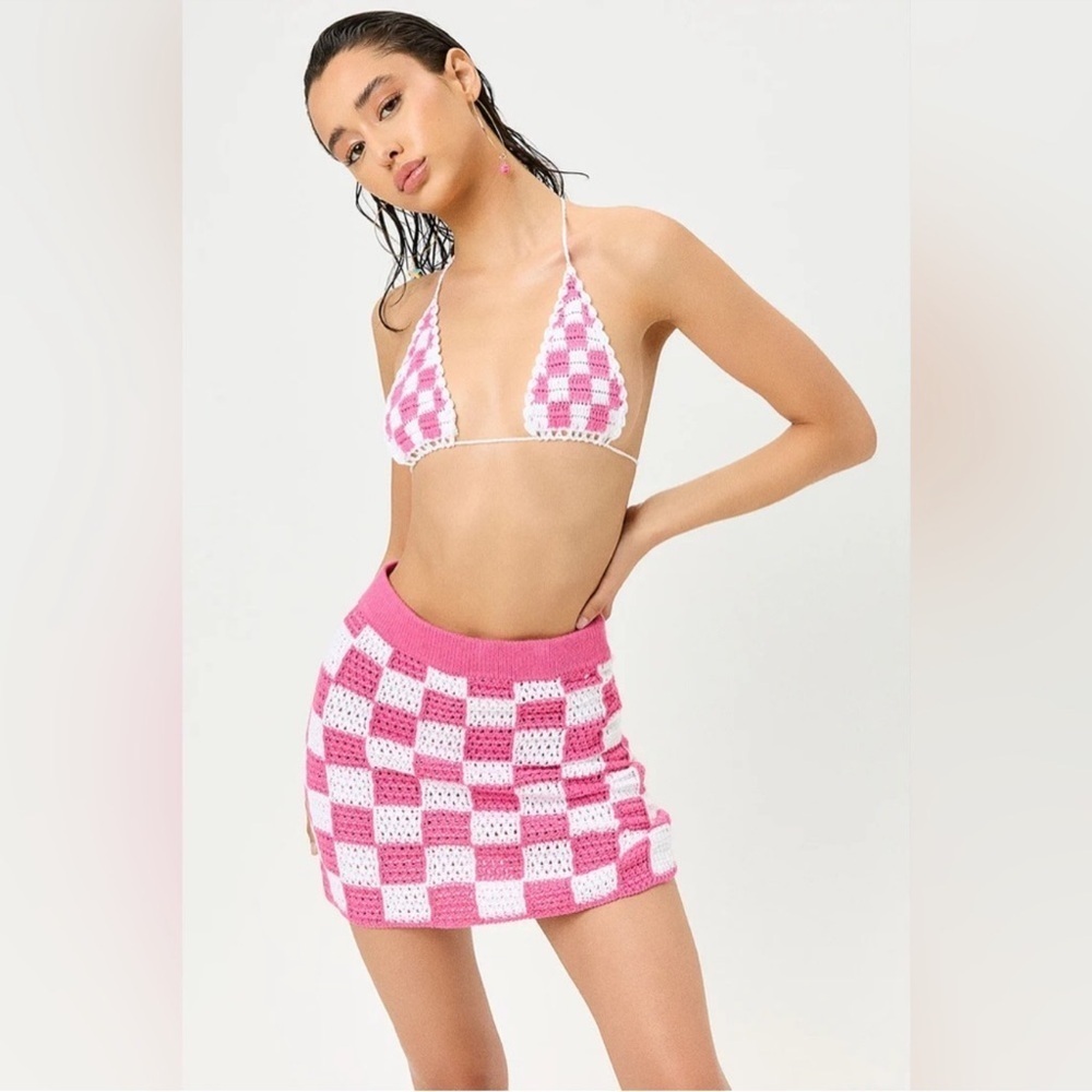 Frankies Bikinis Jasper Crochet Skirt In Pink Checker Size Small - Picture 10 of 10